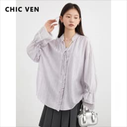 CHIC VEN Women Shirt Single Breasted V-neck Loose Casual Long Sleeve New Stand Up Collar Coat Female Blouse Spring Autumn 2025