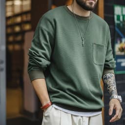 Maden Casual Waffle Knit Pocket Hoodie Men's Spring Loose Fit Long Sleeve Pullover Round Neck Sweatshirt Comfortable T-Shirt