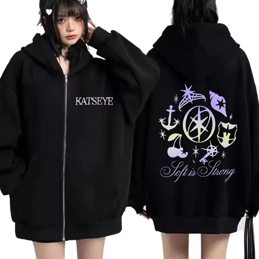 Katseye Graphics tracksuit vintage Hoodie Men Women 2025 tops Fleece fashion clothes Hip Hop Coat Zip Up Jacket Loose streetwear