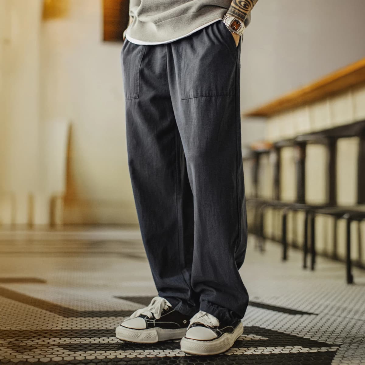 Maden Vintage Men‘s Casual Pants Straight-Leg Loose Fit Beck Pants Fringed Elastic Waist Chill Trousers for Autumn Commuting