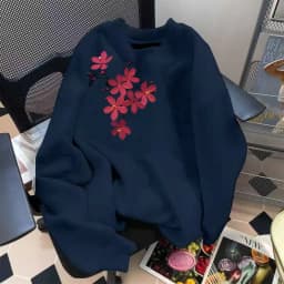 Autumn and Winter Round Neck Sweatshirt Cherry Blossom Print Loose Casual Long Sleeve Pullover