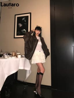 Lautaro Spring Autumn Cool Handsome Retro Oversized Distressed Brown Soft Faux Leather Jackets for Women Zipper Runway Fashion