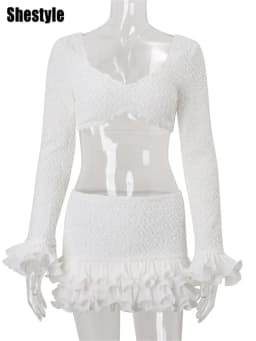 Shestyle Texture White Women 2 Piece Sets Autumn Ruffles Super Short Crop Tops V Neck Sheath Skirts Brand Design Party Outfits