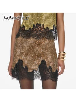 TWOTWINSTYLE Hit Color Slimming Spliced Hot Fix Fashion Skirts for Women High Waist Sheer Patchwork Lace Elegant Skirt Female
