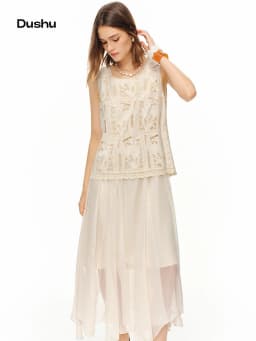 DUSHU 2026 Summer Women's Heavy Embroidered Lace Vacation Dress, Romantic Openwork Festival Maxi for Coquette & Boho Art Style