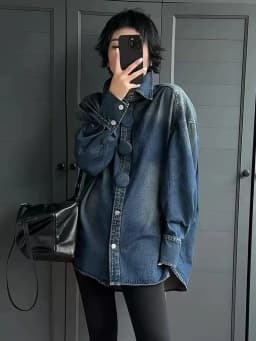 Autumn/Spring Button-down Long Sleeve Loose Fit Medium Jeans Top Casual Oversize Street Chic Washed Denim Shirt