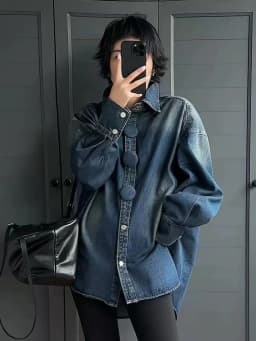 Autumn/Spring Button-down Long Sleeve Loose Fit Medium Jeans Top Casual Oversize Street Chic Washed Denim Shirt