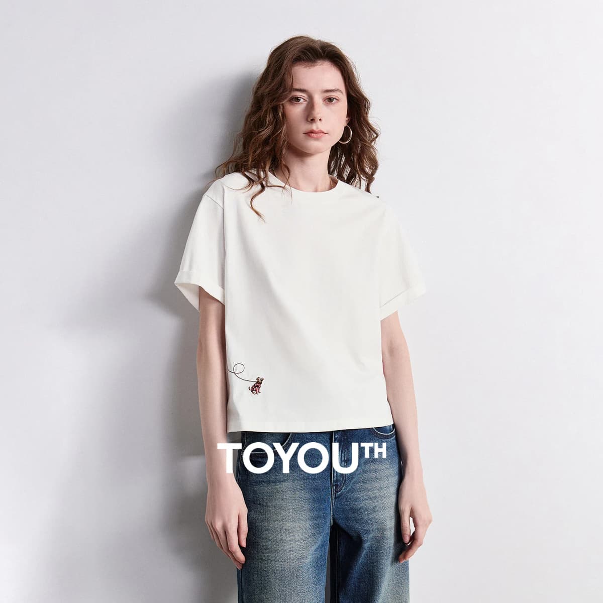 TOYOUTH Women's Cotton Dog Embroidery T-Shirt 2026 Summer New Asymmetric Short Sleeve Tee, Cute Animal Graphic