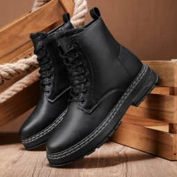 New Warm Thickened Black Men's Motorcycle Boots - Side Zipper, Comfortable, Versatile, Trendy Outdoor Street Hiking Boots