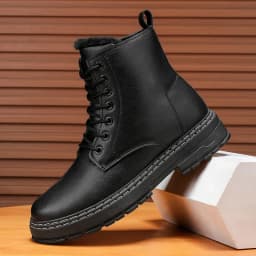 New Warm Thickened Black Men's Motorcycle Boots - Side Zipper, Comfortable, Versatile, Trendy Outdoor Street Hiking Boots