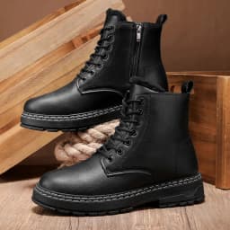 New Warm Thickened Black Men's Motorcycle Boots - Side Zipper, Comfortable, Versatile, Trendy Outdoor Street Hiking Boots