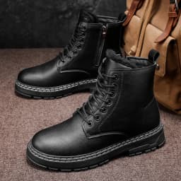New Warm Thickened Black Men's Motorcycle Boots - Side Zipper, Comfortable, Versatile, Trendy Outdoor Street Hiking Boots