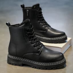 New Warm Thickened Black Men's Motorcycle Boots - Side Zipper, Comfortable, Versatile, Trendy Outdoor Street Hiking Boots
