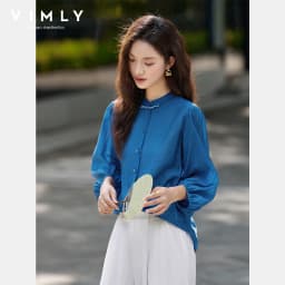 VIMLY Elegant Women Shirt 2026 Spring Autumn Chinese Style Lantern Sleeve Blouse for Woman Female Chiffion Tops A3002