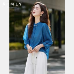 VIMLY Elegant Women Shirt 2026 Spring Autumn Chinese Style Lantern Sleeve Blouse for Woman Female Chiffion Tops A3002