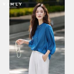 VIMLY Elegant Women Shirt 2026 Spring Autumn Chinese Style Lantern Sleeve Blouse for Woman Female Chiffion Tops A3002