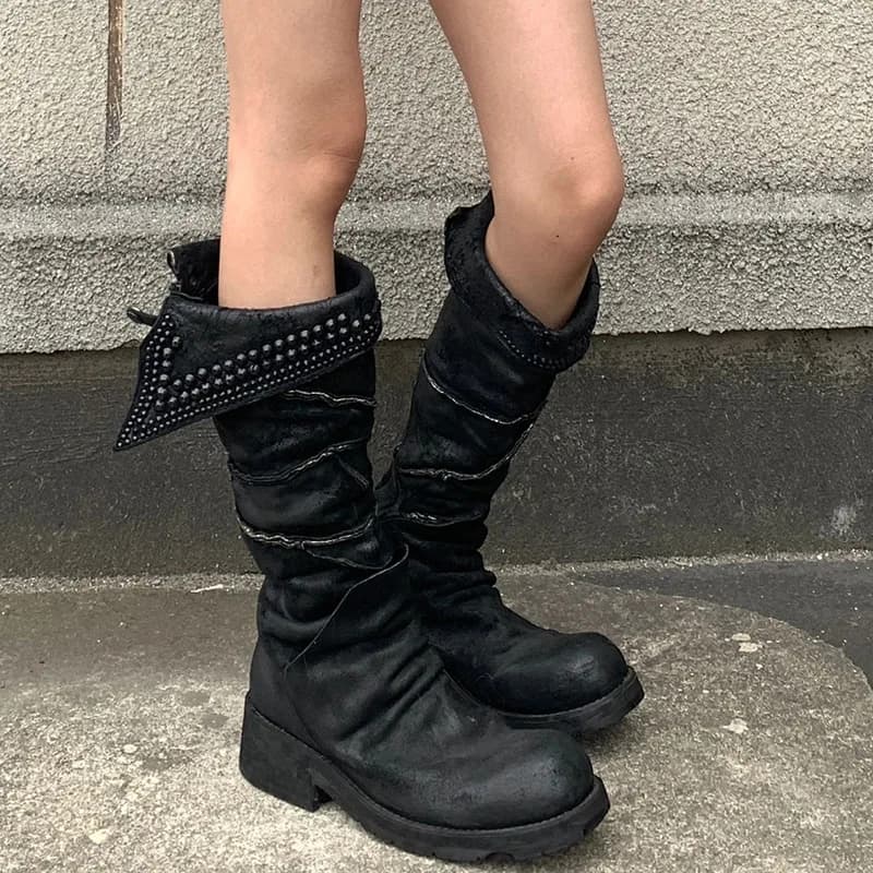 Punk Style Women's Shoes Luxury Retro Leather Cowboy Boots for Woman Exquisite Rivet Knee High Boots Designer Shoes Botas Mujer