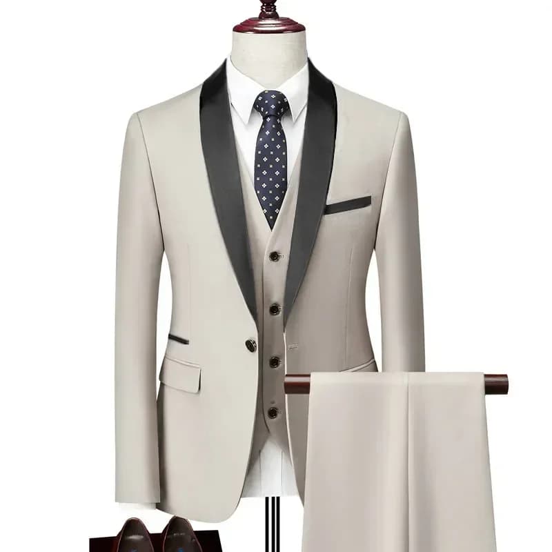 US Size Men Lapel Black Collar 3 Pcs Suit Set Coat Vest Trousers / Business Groom Wedding Dress Fprmal Blazer Pants Waistcoat
