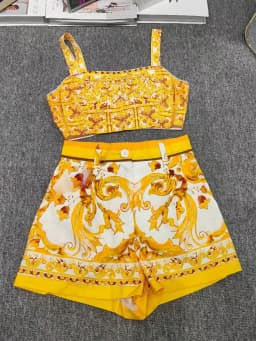 Designer retro geometric print sexy tube top suspender two-piece 2026 summer women's dress+straight short fashion suit