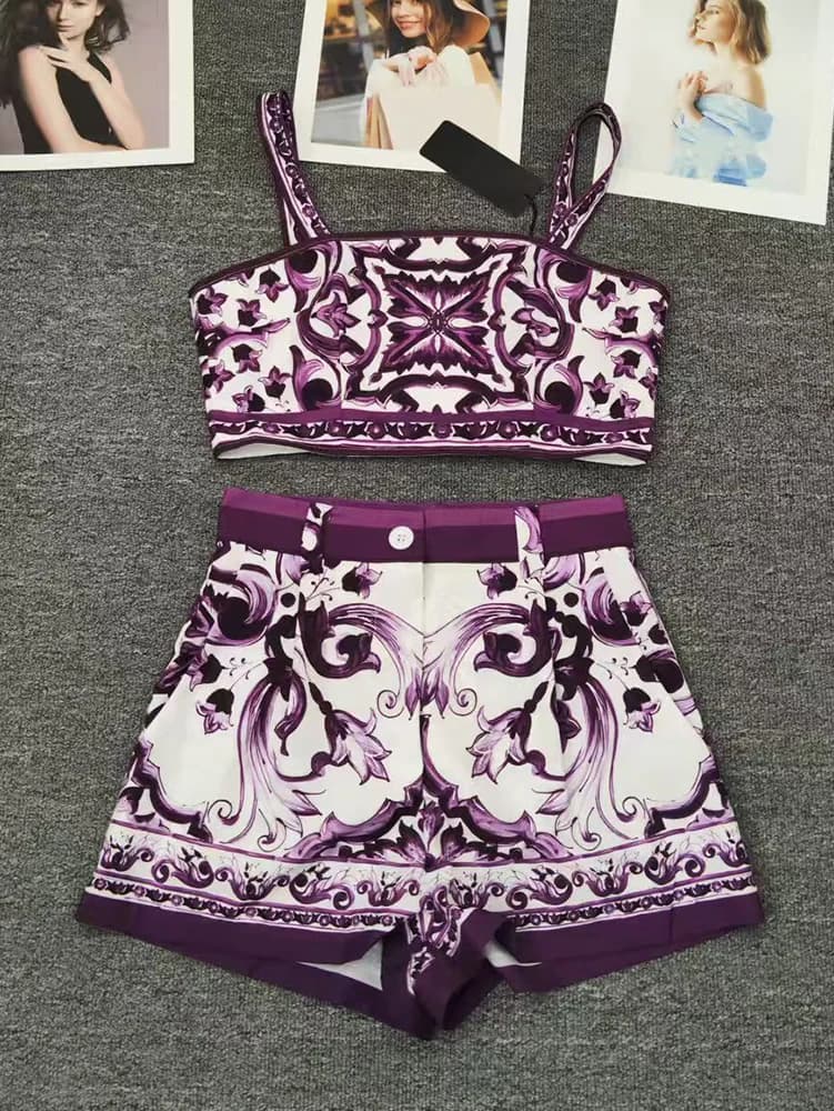 Designer retro geometric print sexy tube top suspender two-piece 2026 summer women's dress+straight short fashion suit