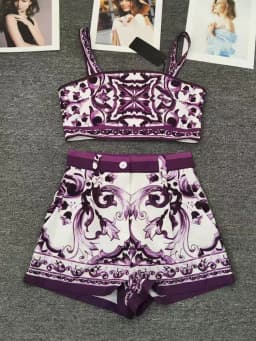 Designer retro geometric print sexy tube top suspender two-piece 2026 summer women's dress+straight short fashion suit