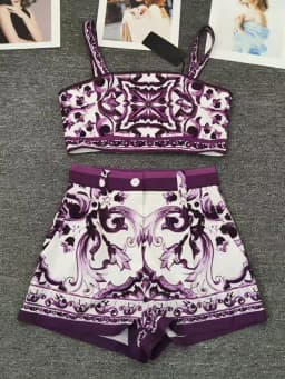 Designer retro geometric print sexy tube top suspender two-piece 2026 summer women's dress+straight short fashion suit