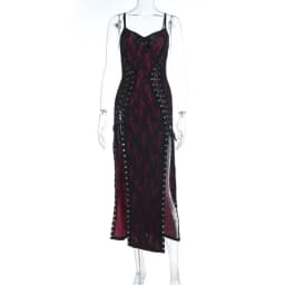 Goth Dark Women Partywear Mall Gothic Lace Patchwork Straps Dresses Y2K Coquette Gown Mall Gothic Slim Bandage Split Hem Dress