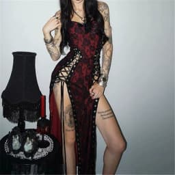 Goth Dark Women Partywear Mall Gothic Lace Patchwork Straps Dresses Y2K Coquette Gown Mall Gothic Slim Bandage Split Hem Dress