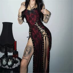 Goth Dark Women Partywear Mall Gothic Lace Patchwork Straps Dresses Y2K Coquette Gown Mall Gothic Slim Bandage Split Hem Dress