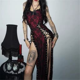 Goth Dark Women Partywear Mall Gothic Lace Patchwork Straps Dresses Y2K Coquette Gown Mall Gothic Slim Bandage Split Hem Dress