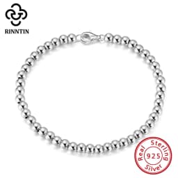 Rinntin 925 Sterling Silver 4mm Bead Ball Strand Chain Bracelet for Women Men Trendy Handmade Bracelets on Hand Jewelry SB103