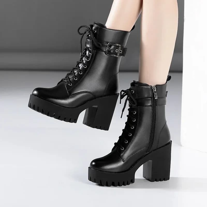 Plus Size 32-43 Platform Shoes Women Ankle Boots Leather 2026 Fall Winter High Heels Boots Ladies Plush Motorcycle Botas
