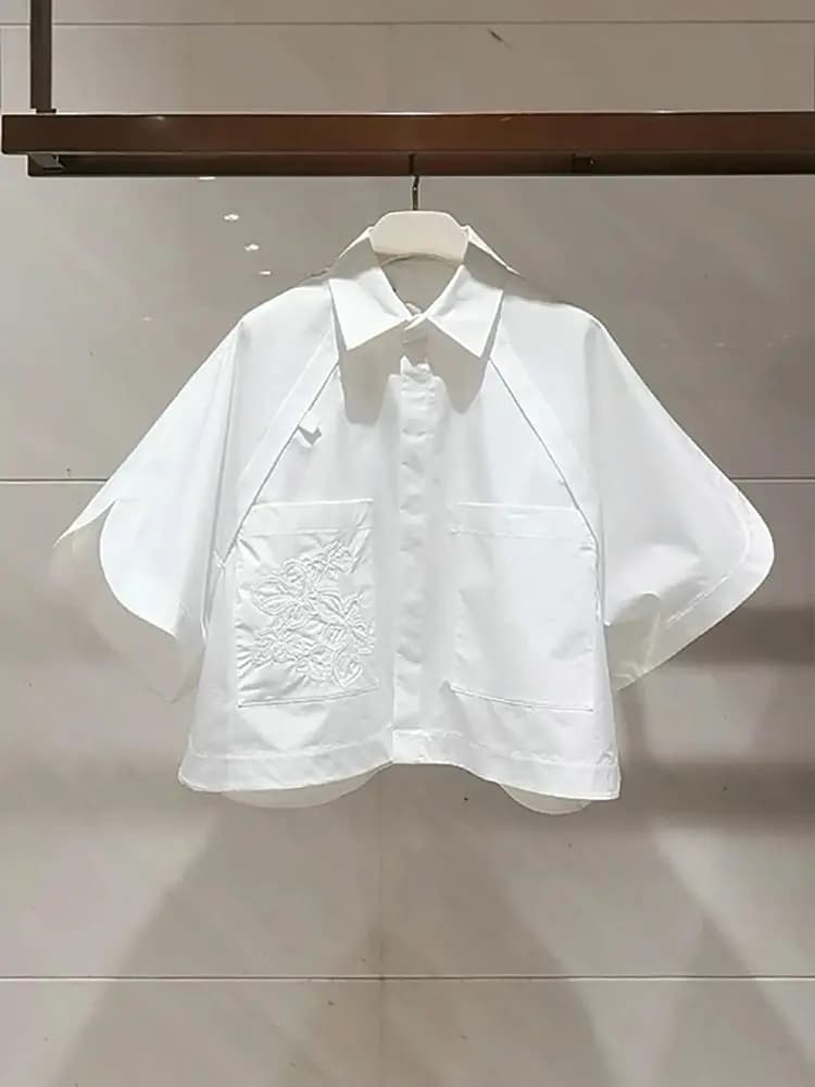 2025 Summer Short Blouses Half Sleeve Embroidered Short Sleeve Top Flip Collar Loose Bat Sleeve White Shirt For Women