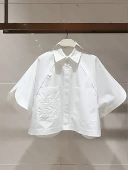 2025 Summer Short Blouses Half Sleeve Embroidered Short Sleeve Top Flip Collar Loose Bat Sleeve White Shirt For Women
