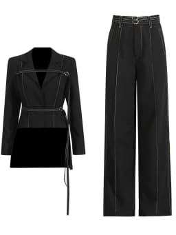 TWOTWINSTYLE Burgundy Two Piece Set For Women Notched Collar Long Sleeve Top High Waist Straight Pant Temperament Sets Female