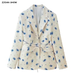 2025 Spring Autumn Lacing Up Bow Sashes Beige Floral Print Blazer Boyfriend Vintage Women Front Pockets Loose Suit Fashion Coat