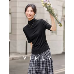 VIMLY Women's Half Sleeve T-shirts Autumn 2026 Casual Folds Mandarin Collar Knitted Slim Fit Ladies Tops Woman Clothing A2811