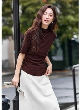 VIMLY Women's Half Sleeve T-shirts Autumn 2026 Casual Folds Mandarin Collar Knitted Slim Fit Ladies Tops Woman Clothing A2811