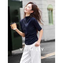VIMLY Women's Half Sleeve T-shirts Autumn 2026 Casual Folds Mandarin Collar Knitted Slim Fit Ladies Tops Woman Clothing A2811