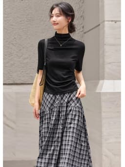 VIMLY Women's Half Sleeve T-shirts Autumn 2026 Casual Folds Mandarin Collar Knitted Slim Fit Ladies Tops Woman Clothing A2811