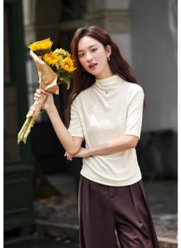 VIMLY Women's Half Sleeve T-shirts Autumn 2026 Casual Folds Mandarin Collar Knitted Slim Fit Ladies Tops Woman Clothing A2811
