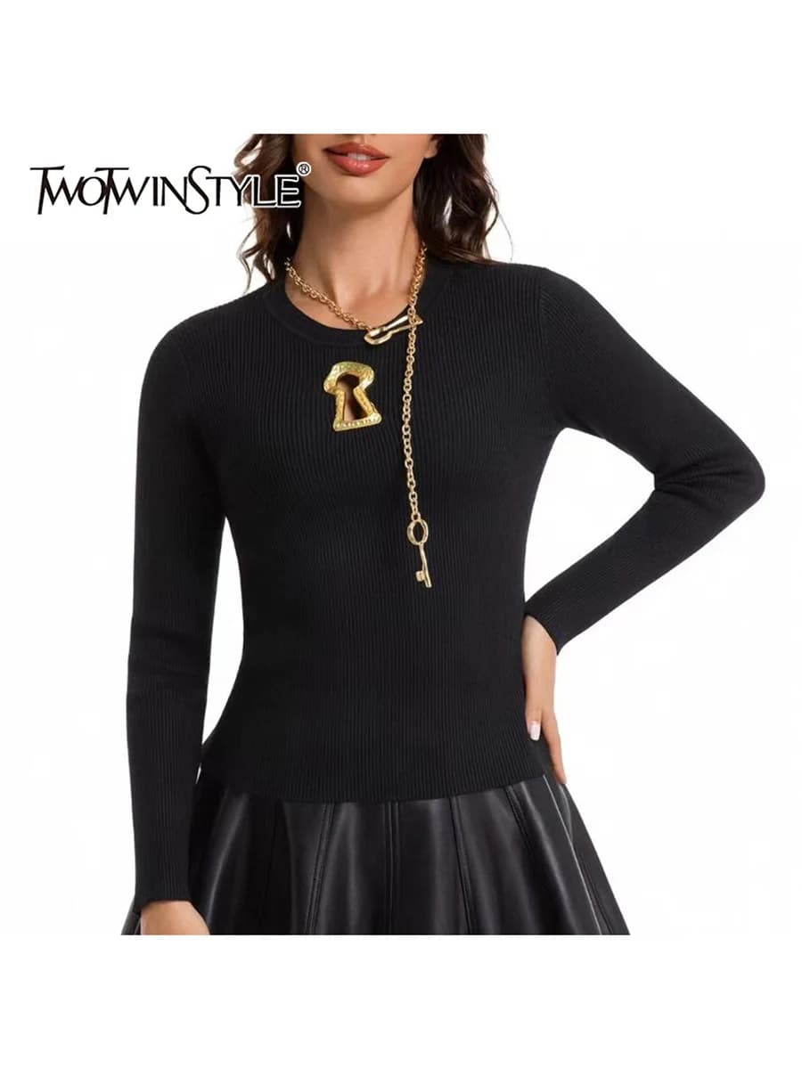 TWOTWINSTYLE Solid Slimming Spliced Sequined Basics Sweaters for Women Round Neck Long Sleeves Hollow Out Casual Sweater Female