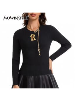 TWOTWINSTYLE Solid Slimming Spliced Sequined Basics Sweaters for Women Round Neck Long Sleeves Hollow Out Casual Sweater Female