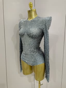 Sparkle Silver Rhinestones Long Sleeve Stretch Bodysuits 2025 New Women Evening Luxury Birthday Party Sexy Nightclub Stage Costu
