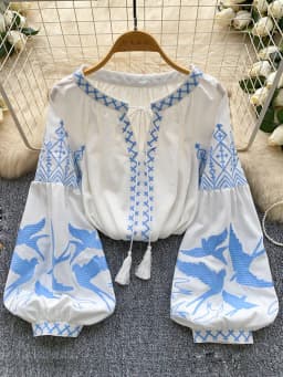 Women Autumn Blouse Bohemian Heavy-Duty V-Neck Embroidered Blouse Korean Long Sleeve Loose Fit Tassel Design Ethnic Top BL338