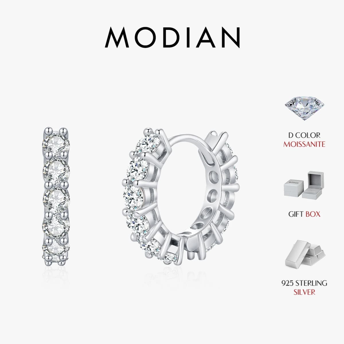 MODIAN D Color Sparkling Moissanite Ear Buckles Lab Diamond 925 Sterling Silver Luxury Hoop Earrings for Women Jewelry Gifts
