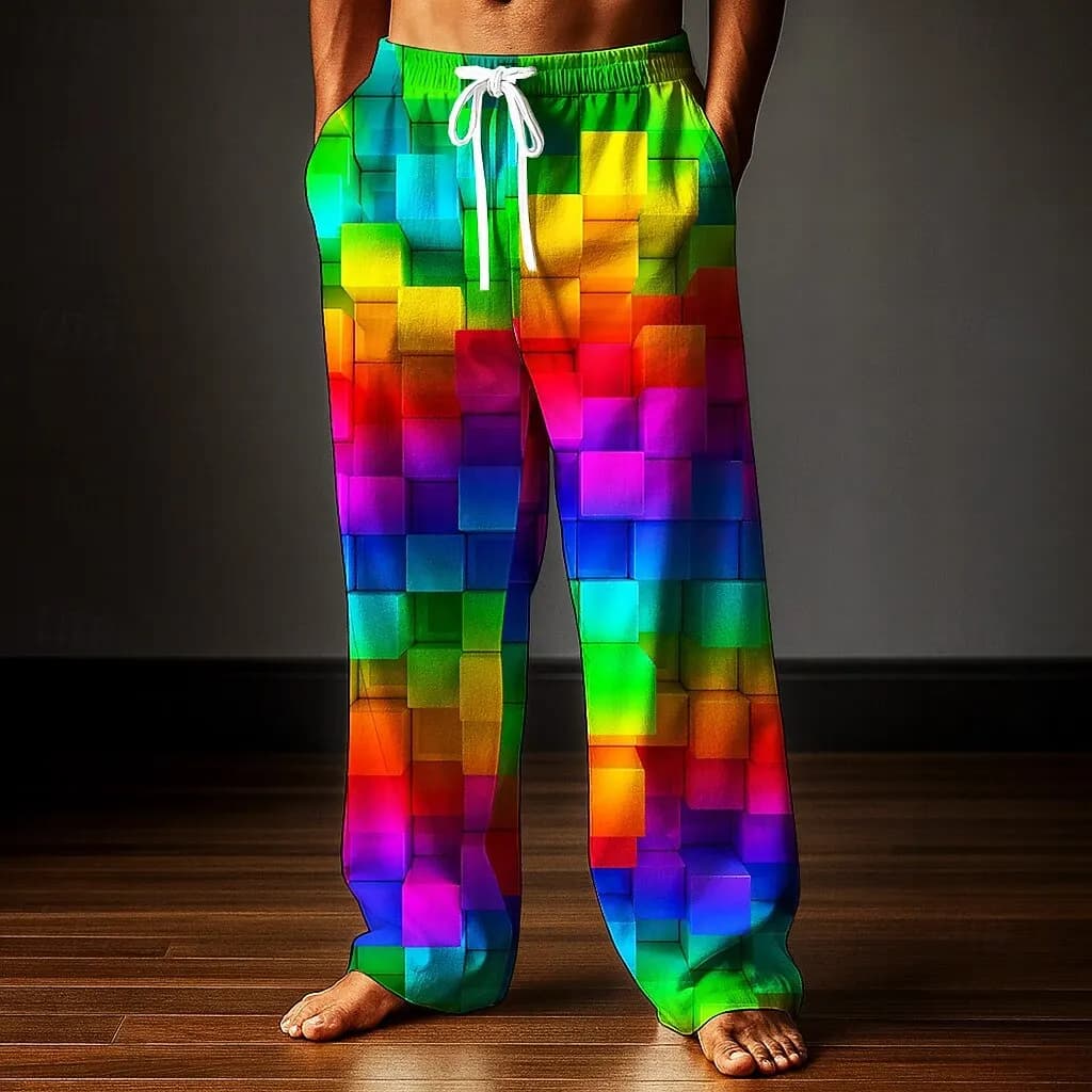 Men's Geometric Rainbow Grid Plaid Pants Trousers Mid Waist Drawstring Elastic Waist Casual Outdoor Wide-leg Trousers for Men