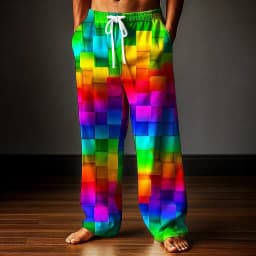 Men's Geometric Rainbow Grid Plaid Pants Trousers Mid Waist Drawstring Elastic Waist Casual Outdoor Wide-leg Trousers for Men