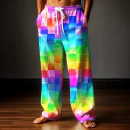 Men's Geometric Rainbow Grid Plaid Pants Trousers Mid Waist Drawstring Elastic Waist Casual Outdoor Wide-leg Trousers for Men