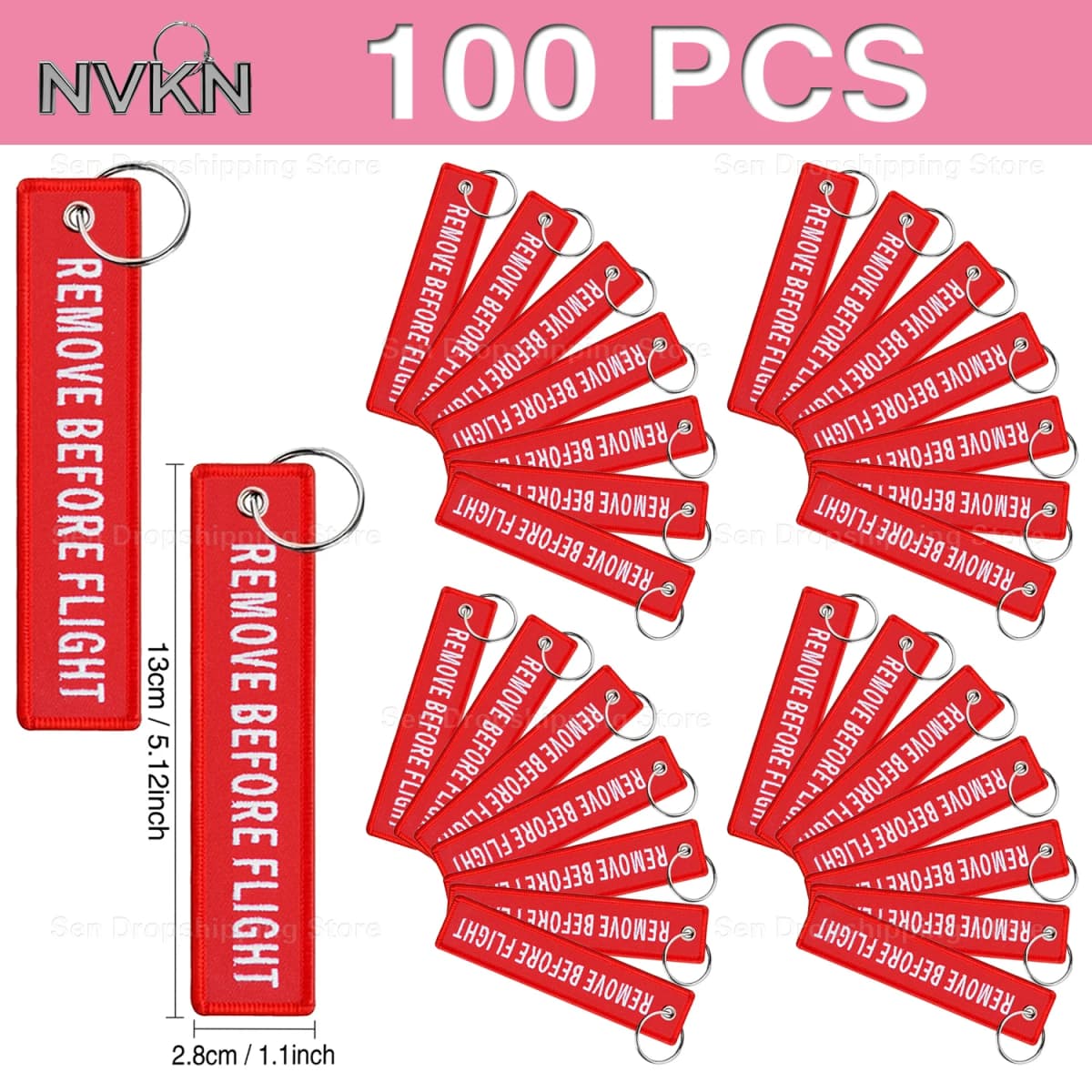 100Pcs “Remove Before Flight” embroidered red fabric keychain with white text – versatile tag for bikes, cars & bags key ring